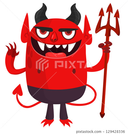 Cartoon funny red devil character design holding fork trident with long tail. Halloween vector illustration isolated 129428336