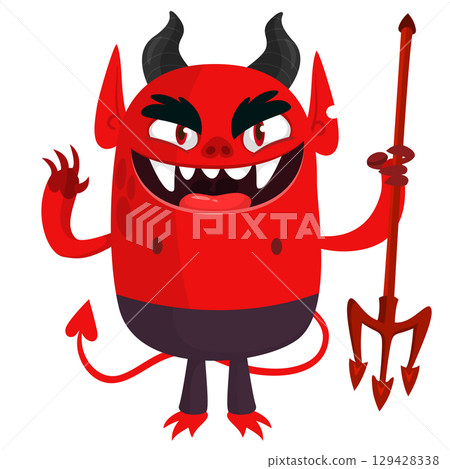 Cartoon funny red devil character design holding fork trident with long tail. Halloween vector illustration isolated 129428338