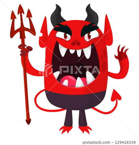 Cartoon funny red devil character design holding fork trident with long tail. Halloween vector illustration isolated 129428339