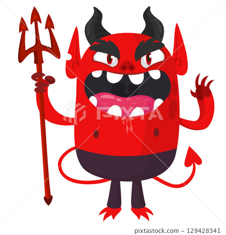 Cartoon funny red devil character design holding fork trident with long tail. Halloween vector illustration isolated Cartoon funny red devil character design holding fork trident with long tail. Halloween vector illustration isolated 129428341