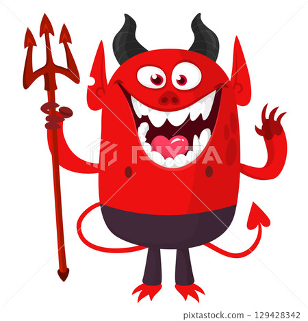 Cartoon funny red devil character design holding fork trident with long tail. Halloween vector illustration isolated 129428342