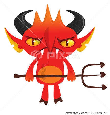 Cartoon funny red devil character design holding fork trident with long tail. Halloween vector illustration isolated 129428343