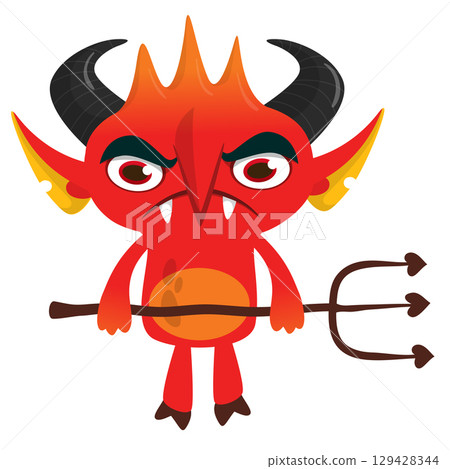 Cartoon funny red devil character design holding fork trident with long tail. Halloween vector illustration isolated 129428344