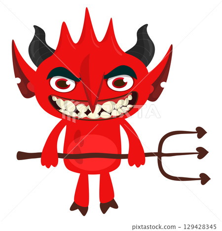 Cartoon funny red devil character design holding fork trident with long tail. Halloween vector illustration isolated 129428345