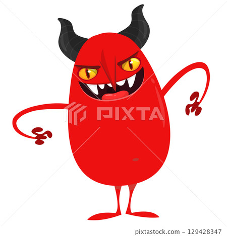 Cartoon funny red devil character design holding fork trident with long tail. Halloween vector illustration isolated 129428347