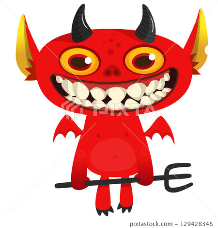 Cartoon funny red devil character design holding fork trident with long tail. Halloween vector illustration isolated 129428348