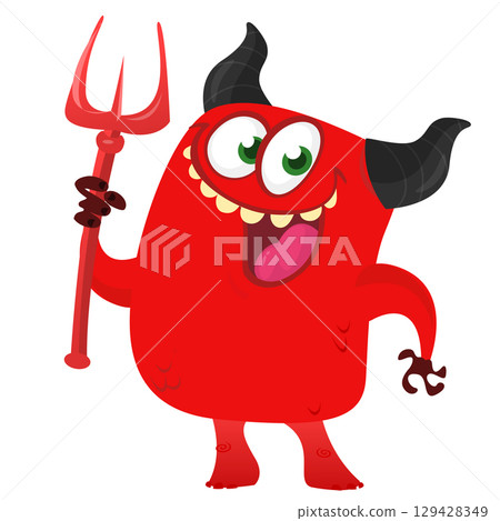Cartoon funny red devil character design holding fork trident with long tail. Halloween vector illustration isolated 129428349
