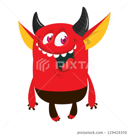 Cartoon funny red devil character design holding fork trident with long tail. Halloween vector illustration isolated 129428350