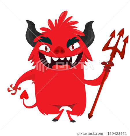 Cartoon funny red devil character design holding fork trident with long tail. Halloween vector illustration isolated 129428351