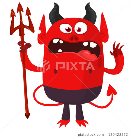 Cartoon funny red devil character design holding fork trident with long tail. Halloween vector illustration isolated 129428352