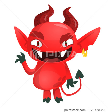 Cartoon funny red devil character design holding fork trident with long tail. Halloween vector illustration isolated 129428353