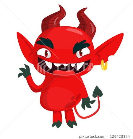 Cartoon funny red devil character design holding fork trident with long tail. Halloween vector illustration isolated 129428354
