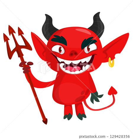 Cartoon funny red devil character design holding fork trident with long tail. Halloween vector illustration isolated Cartoon funny red devil character design holding fork trident with long tail. Halloween vector illustration isolated 129428356