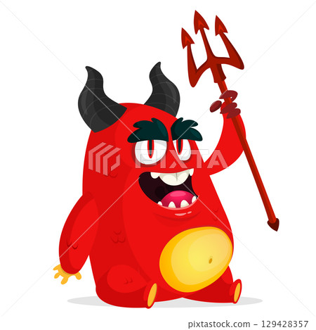 Cartoon funny red devil character design holding fork trident with long tail. Halloween vector illustration isolated Cartoon funny red devil character design holding fork trident with long tail. Halloween vector illustration isolated 129428357