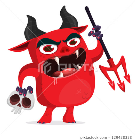 Cartoon funny red devil character design holding fork trident with long tail. Halloween vector illustration isolated 129428358