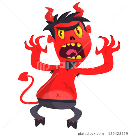 Cartoon funny red devil character design holding fork trident with long tail. Halloween vector illustration isolated 129428359
