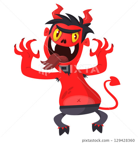Cartoon funny red devil character design holding fork trident with long tail. Halloween vector illustration isolated 129428360
