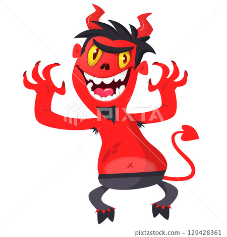 Cartoon funny red devil character design holding fork trident with long tail. Halloween vector illustration isolated 129428361
