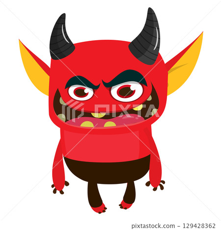 Cartoon funny red devil character design holding fork trident with long tail. Halloween vector illustration isolated 129428362