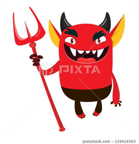 Cartoon funny red devil character design holding fork trident with long tail. Halloween vector illustration isolated 129428363