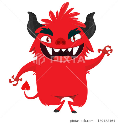 Cartoon funny red devil character design holding fork trident with long tail. Halloween vector illustration isolated 129428364