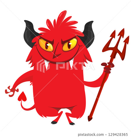 Cartoon funny red devil character design holding fork trident with long tail. Halloween vector illustration isolated 129428365