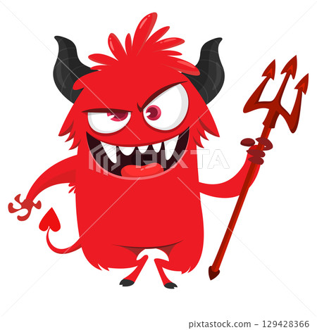 Cartoon funny red devil character design holding fork trident with long tail. Halloween vector illustration isolated 129428366