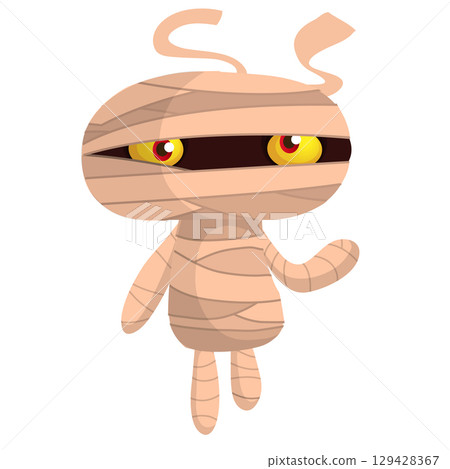 Cartoon funny walking mummy character design. Vector illustration of monster wrapped in strips of linen for Halloween party theamed decoration isolated 129428367