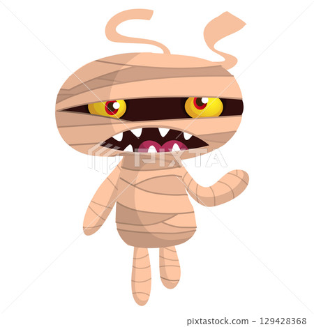 Cartoon funny walking mummy character design. Vector illustration of monster wrapped in strips of linen for Halloween party theamed decoration isolated 129428368