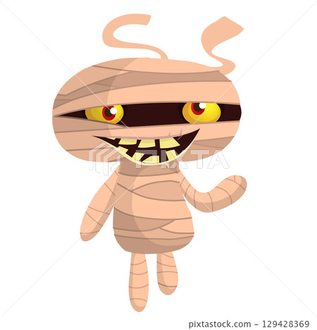 Cartoon funny walking mummy character design. Vector illustration of monster wrapped in strips of linen for Halloween party theamed decoration isolated 129428369