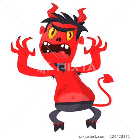Cartoon funny red devil character design holding fork trident with long tail. Halloween vector illustration isolated 129428371