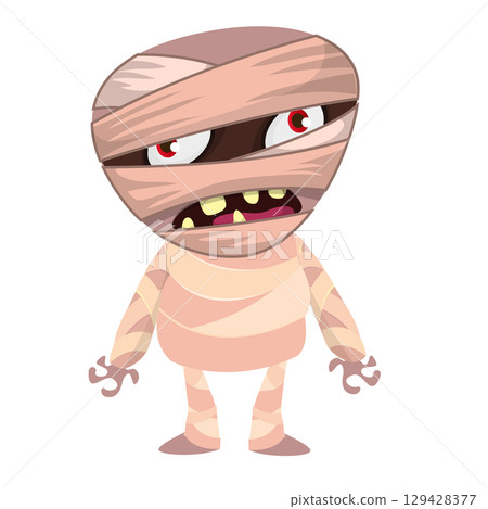 Cartoon funny walking mummy character design. Vector illustration of monster wrapped in strips of linen for Halloween party theamed decoration isolated 129428377