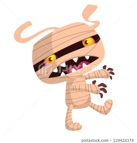 Cartoon funny walking mummy character design. Vector illustration of monster wrapped in strips of linen for Halloween party theamed decoration isolated Cartoon funny walking mummy character design. Vector illustration of monster wrapped in strips of linen for Halloween party theamed decoration isolated 129428378