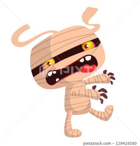 Cartoon funny walking mummy character design. Vector illustration of monster wrapped in strips of linen for Halloween party theamed decoration isolated 129428380