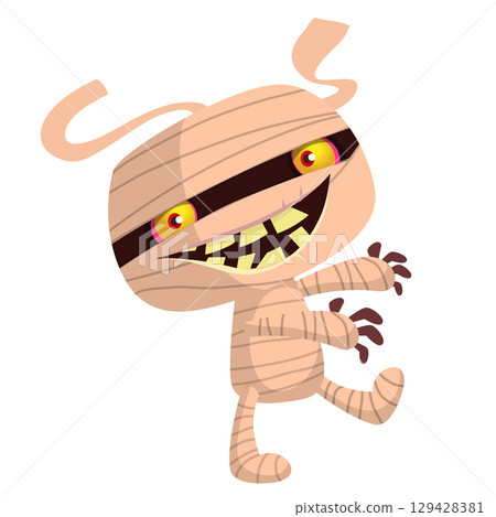 Cartoon funny walking mummy character design. Vector illustration of monster wrapped in strips of linen for Halloween party theamed decoration isolated 129428381