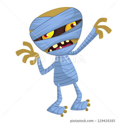 Cartoon funny walking mummy character design. Vector illustration of monster wrapped in strips of linen for Halloween party theamed decoration isolated 129428385