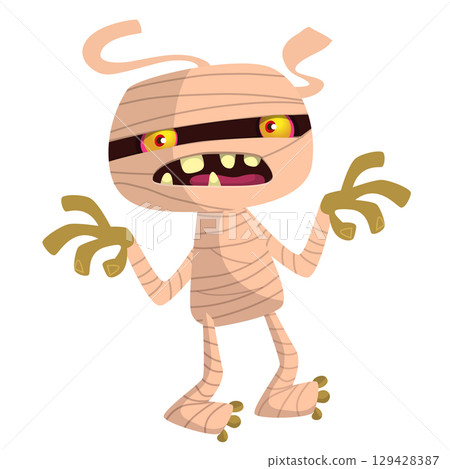 Cartoon funny walking mummy character design. Vector illustration of monster wrapped in strips of linen for Halloween party theamed decoration isolated Cartoon funny walking mummy character design. Vector illustration of monster wrapped in strips of linen for Halloween party theamed decoration isolated 129428387