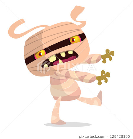 Cartoon funny walking mummy character design. Vector illustration of monster wrapped in strips of linen for Halloween party theamed decoration isolated Cartoon funny walking mummy character design. Vector illustration of monster wrapped in strips of linen for Halloween party theamed decoration isolated 129428390
