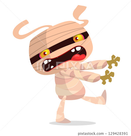 Cartoon funny walking mummy character design. Vector illustration of monster wrapped in strips of linen for Halloween party theamed decoration isolated 129428391