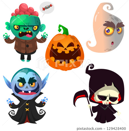 Cartoon set of Halloween characters design. Vector illustration Cartoon set of Halloween characters design. Vector illustration 129428400
