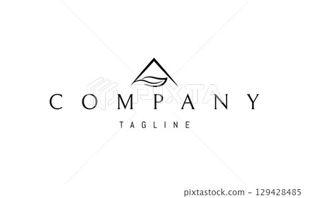A vector logo featuring an abstract image a mountain with a leaf shaped like a wave, blending nature, growth, and fluid motion. 129428485