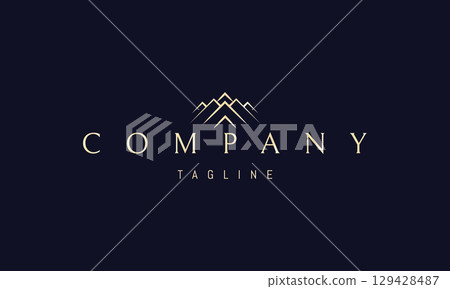 A golden vector logo featuring an abstract image peaks of majestic mountains symbolizing strength, adventure, and natural beauty. 129428487