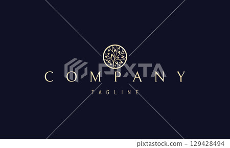 A golden vector logo featuring an abstract image blooming flowers with leaves arranged in a circle, symbolizing growth, harmony, and nature. 129428494