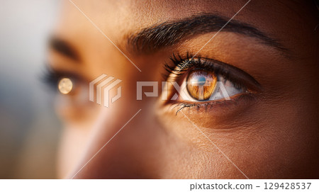 Beautiful, unusual, bright eye close-up with details of light blue iris. Ophthalmologist, buying glasses and optics, advertising vision 129428537