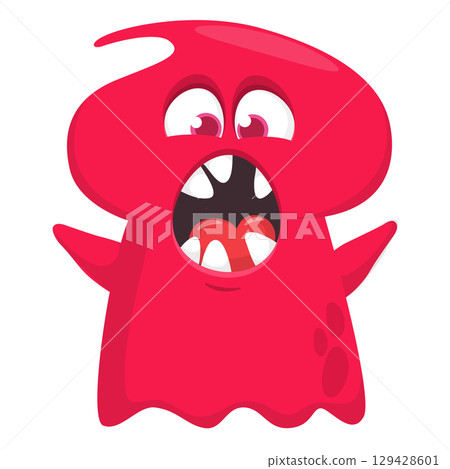 Cartoon cute ghost monster with funny excited face expression waving hands 129428601