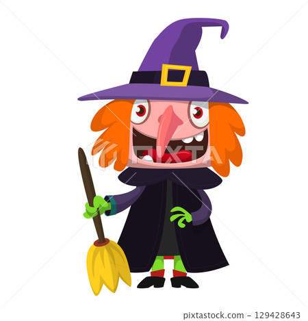 Cute cartoon witch character design. Halloween vector illustration of red haired witch lady in big hat with a broom. Cute cartoon witch character design. Halloween vector illustration of red haired witch lady in big hat with a broom. 129428643