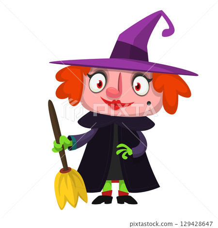Cute cartoon witch character design. Halloween vector illustration of red haired witch lady in big hat with a broom. Cute cartoon witch character design. Halloween vector illustration of red haired witch lady in big hat with a broom. 129428647