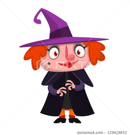 Cute cartoon witch character design. Halloween vector illustration of red haired  witch lady in big hat with a broom. 129428652