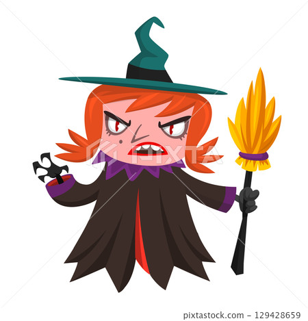 Cute cartoon witch character design. Halloween vector illustration of red haired witch lady in big hat with a broom. Cute cartoon witch character design. Halloween vector illustration of red haired witch lady in big hat with a broom. 129428659