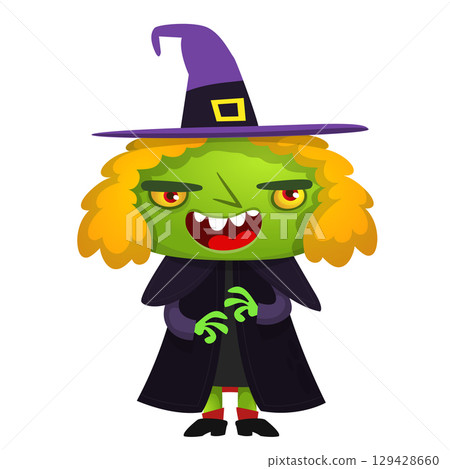 Cute cartoon witch character design. Halloween vector illustration of red haired witch lady in big hat with a broom. Cute cartoon witch character design. Halloween vector illustration of red haired witch lady in big hat with a broom. 129428660